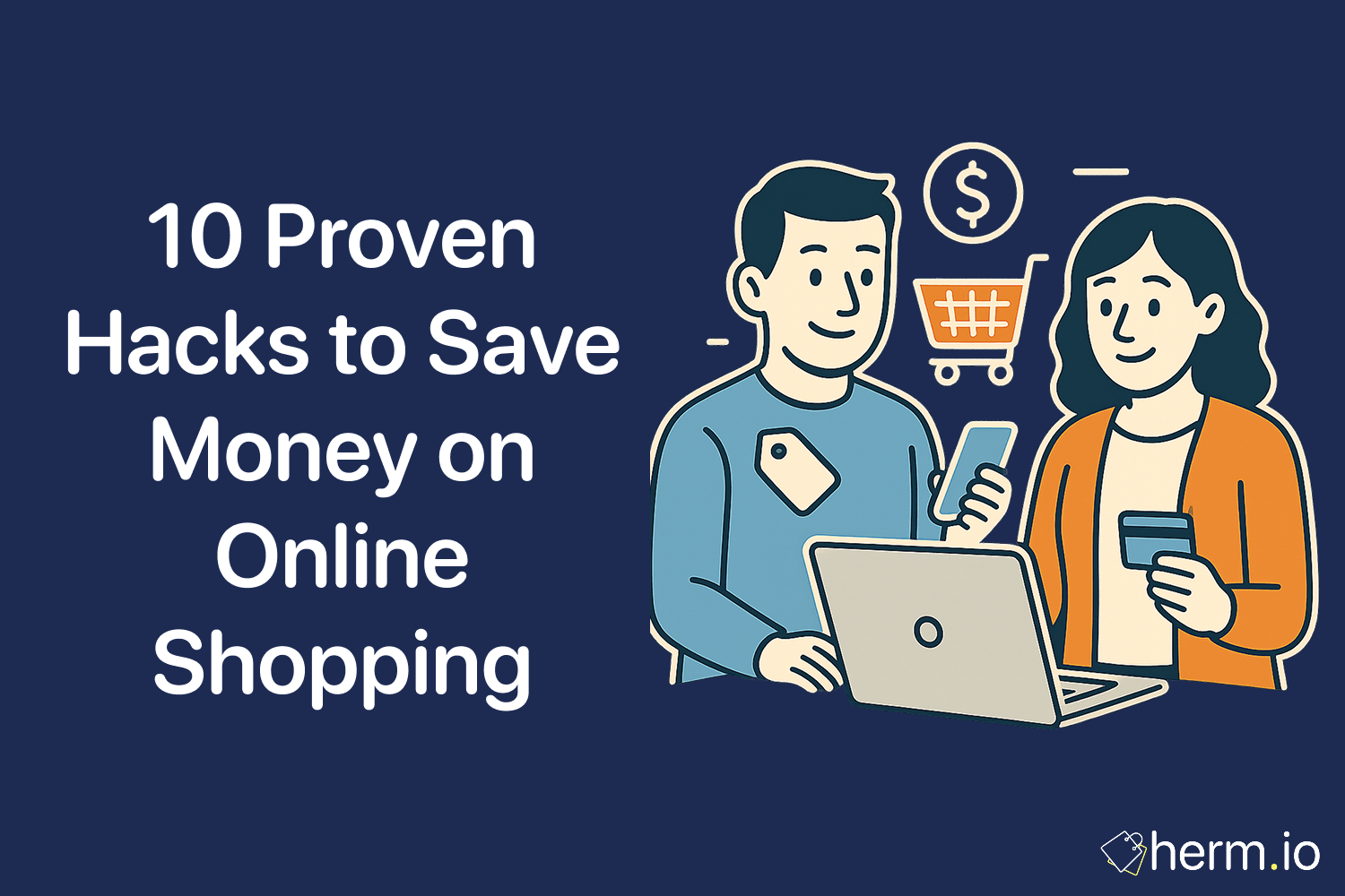 Illustration of a man pointing at his smartphone screen and a woman holding a credit card in front of a laptop, with shopping cart and price-tag icons, symbolizing ten effective hacks to save money on online shopping.