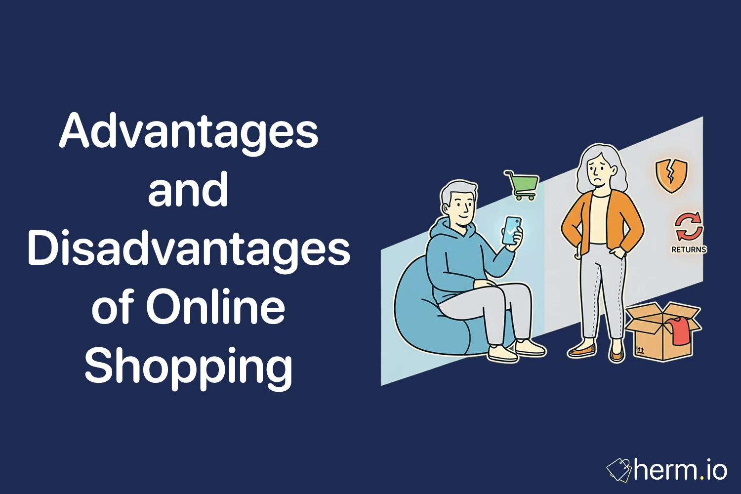 Illustration showing the advantages and disadvantages of online shopping, including convenience, security, and returns.