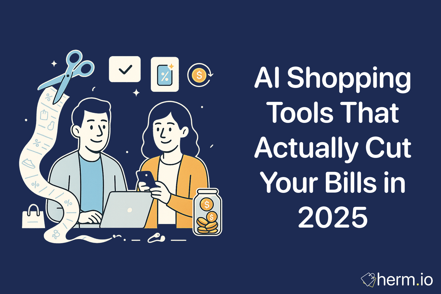Illustration of a man and woman using AI shopping apps on laptop and phone with discount icons, highlighting AI tools to save money on bills in 2025.