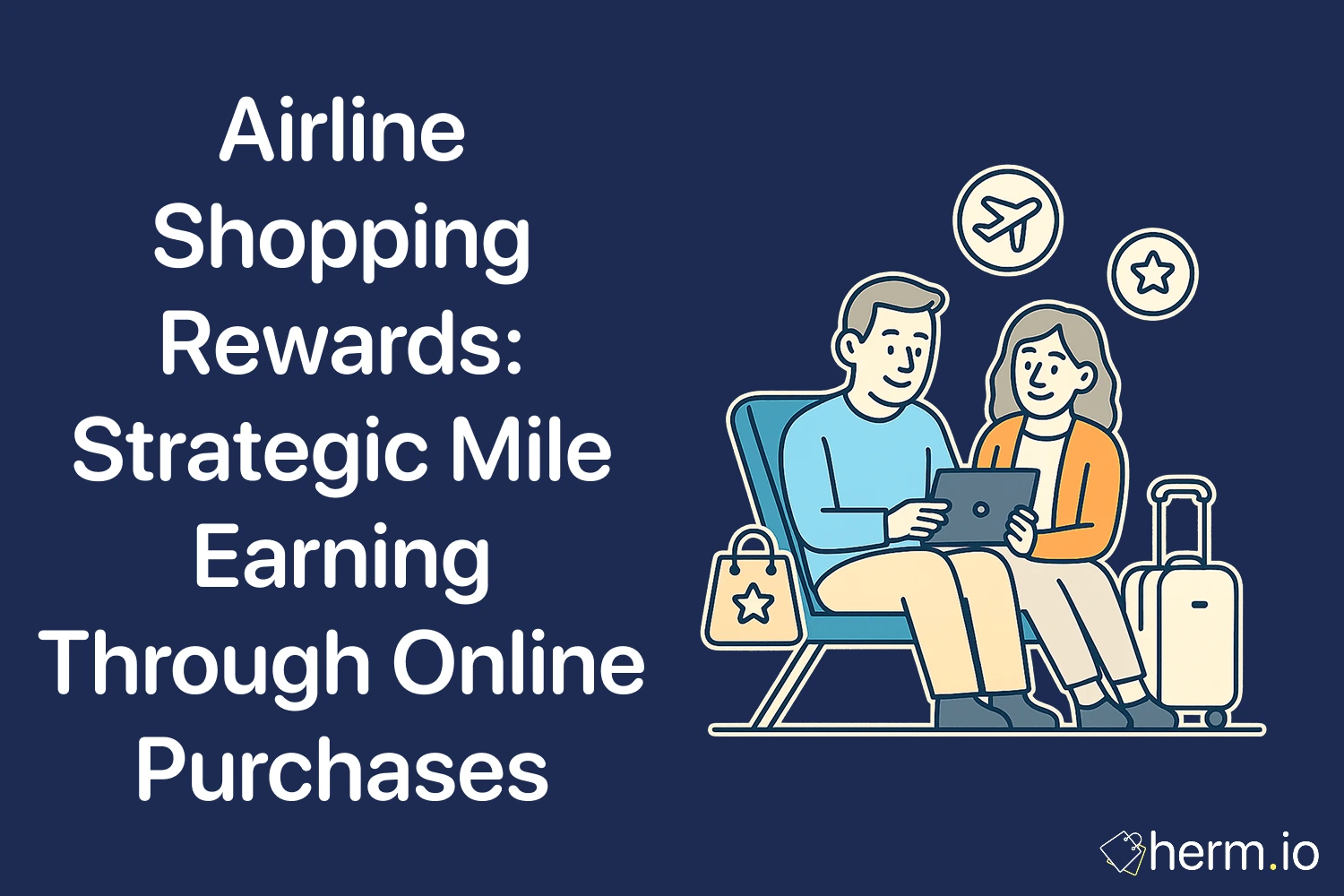 Couple shopping online at the airport with suitcase, showing airline rewards and flight icons for earning travel miles through purchases.