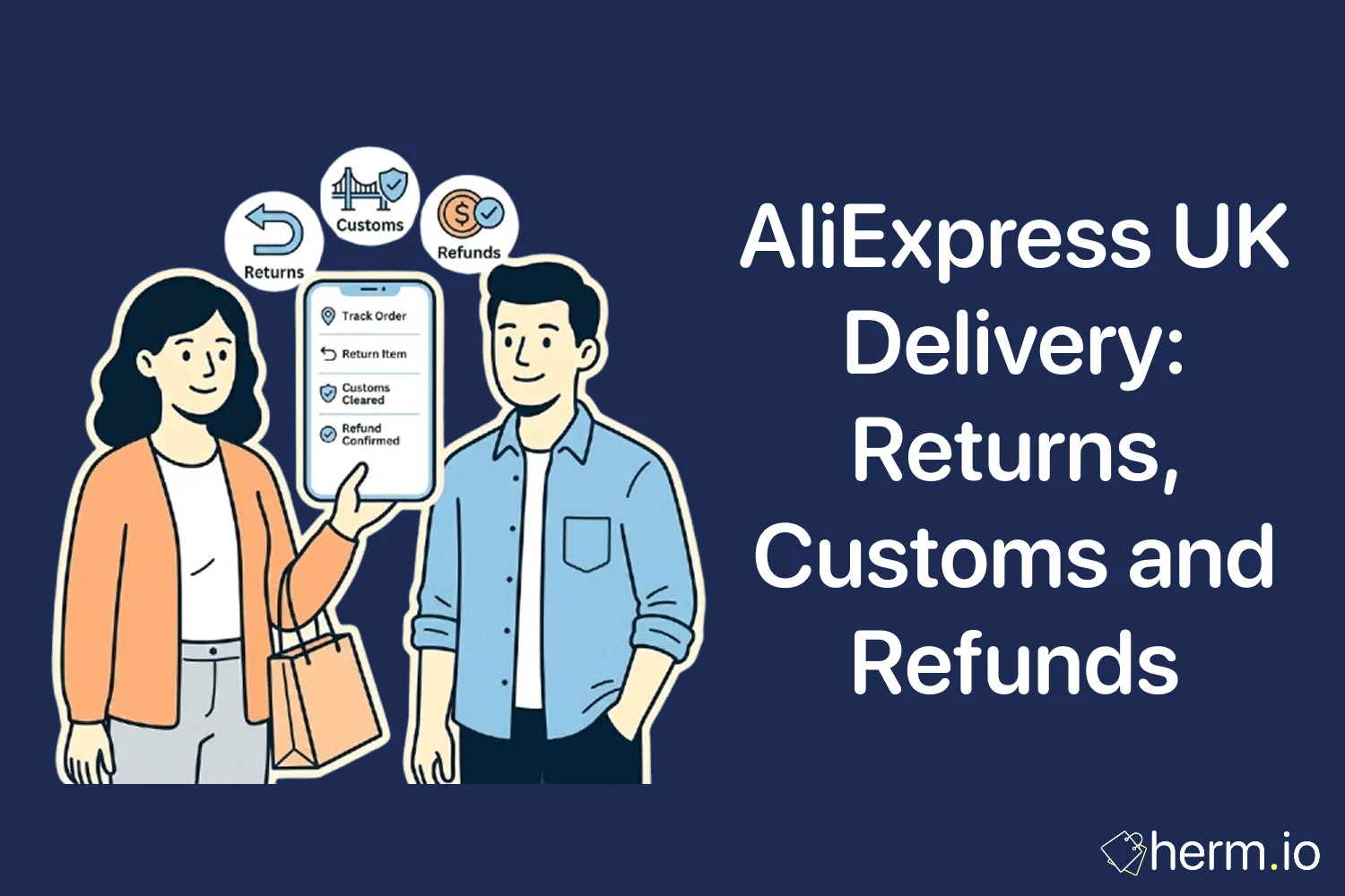 Phone showing an AliExpress order page beside a UK parcel label, highlighting delivery tracking, returns, customs and refund checks.