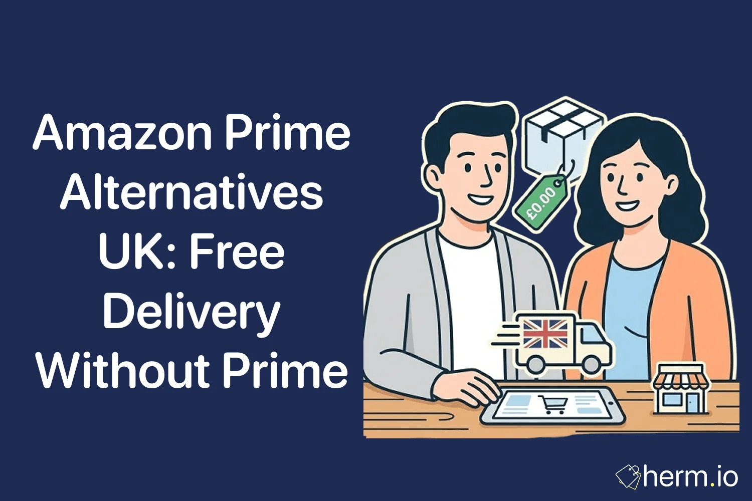 UK shopper comparing Amazon Prime alternatives on a laptop, with delivery passes, click and collect options and free delivery notes nearby.