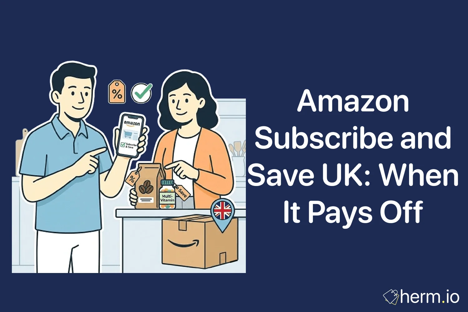 Kitchen table with household essentials, a phone showing Amazon UK and notes comparing repeat delivery prices with supermarket unit costs.