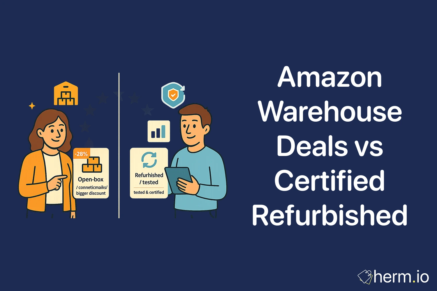 Comparison graphic of Amazon Warehouse open-box vs certified refurbished electronics for European shoppers.