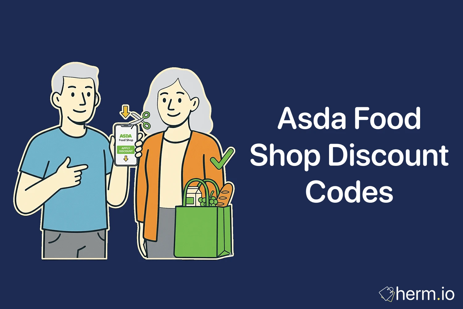 Asda food shop discount codes cover image with shoppers and a phone, showing how to apply grocery voucher savings in the UK.