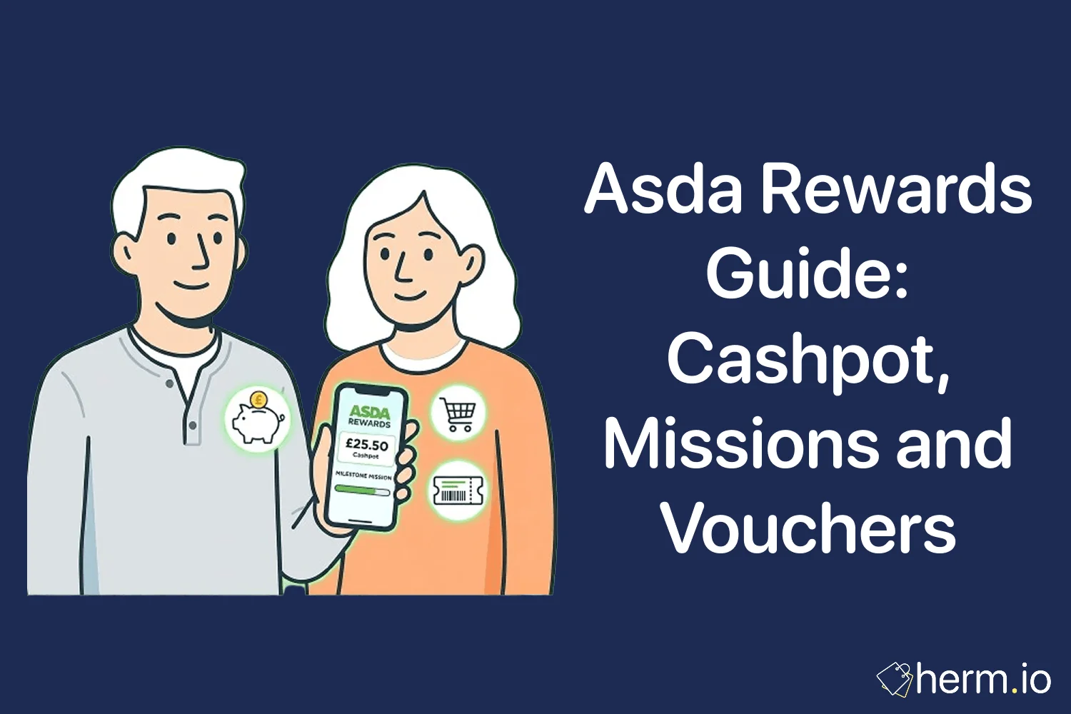 Phone showing the Asda Rewards app beside a grocery basket and receipt, illustrating Cashpot, Missions and voucher planning for UK shoppers.
