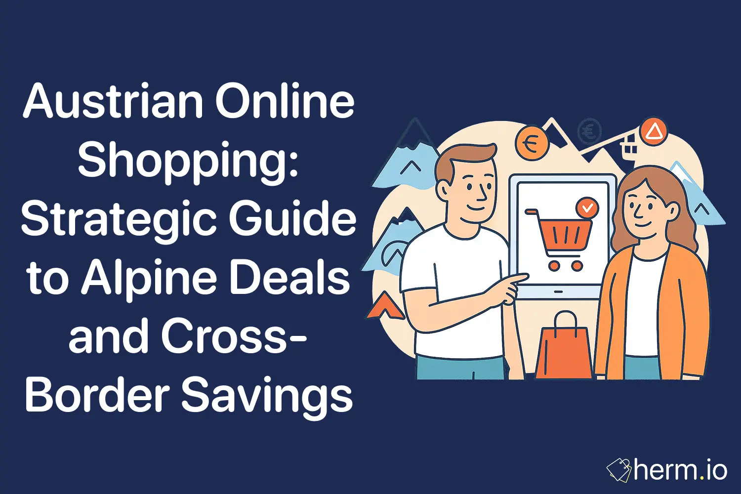 Illustration of a couple shopping online with mountains and euro symbols in background, focused on Austrian deals and cross-border online savings.