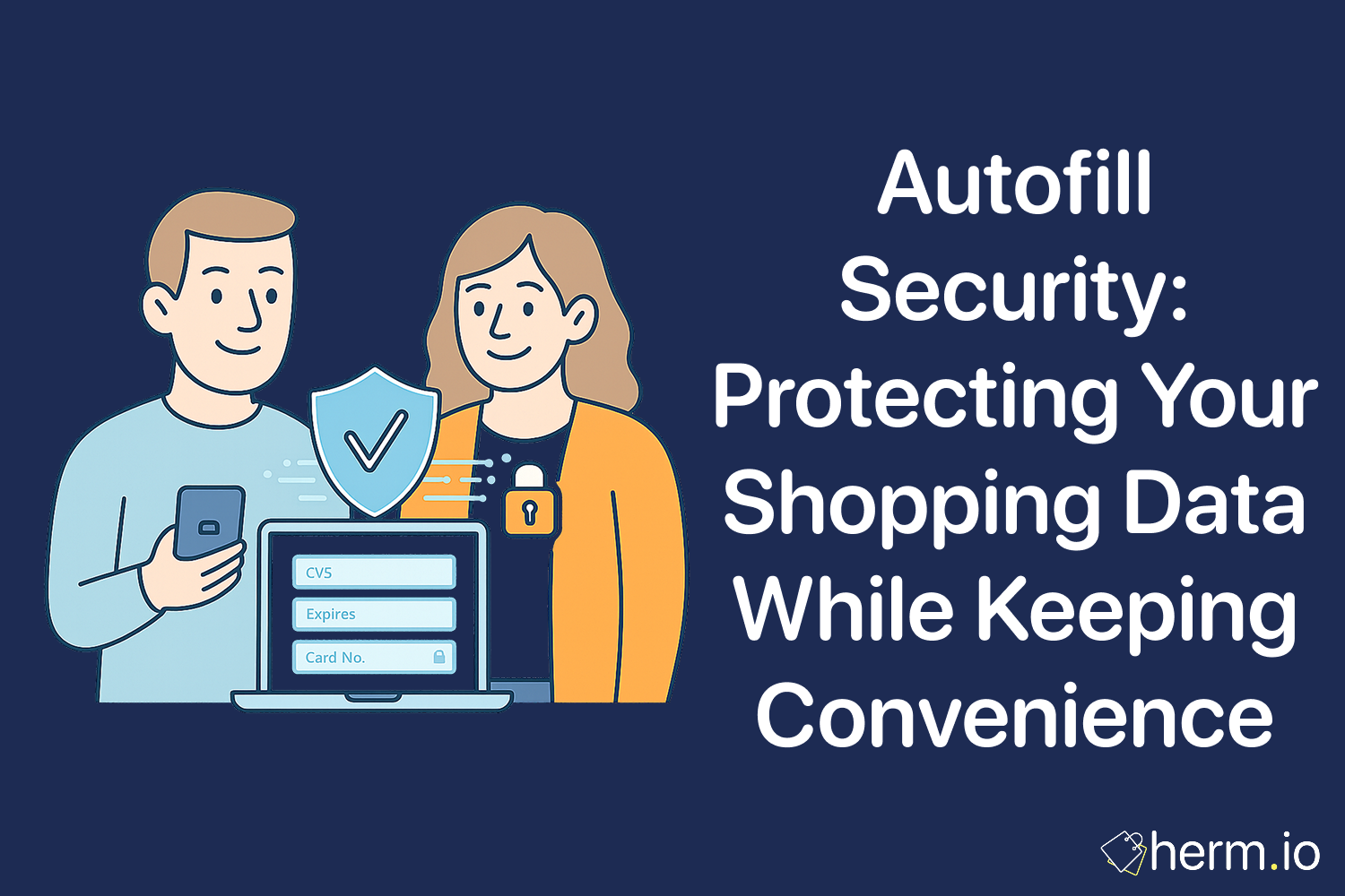 Graphic titled ‘Autofill Security: Protecting Your Shopping Data While Keeping Convenience,’ showing a man and woman standing behind a laptop with form fields labeled CVV, Expires, and Card No., overlaid by a shield with a checkmark and a small padlock icon.