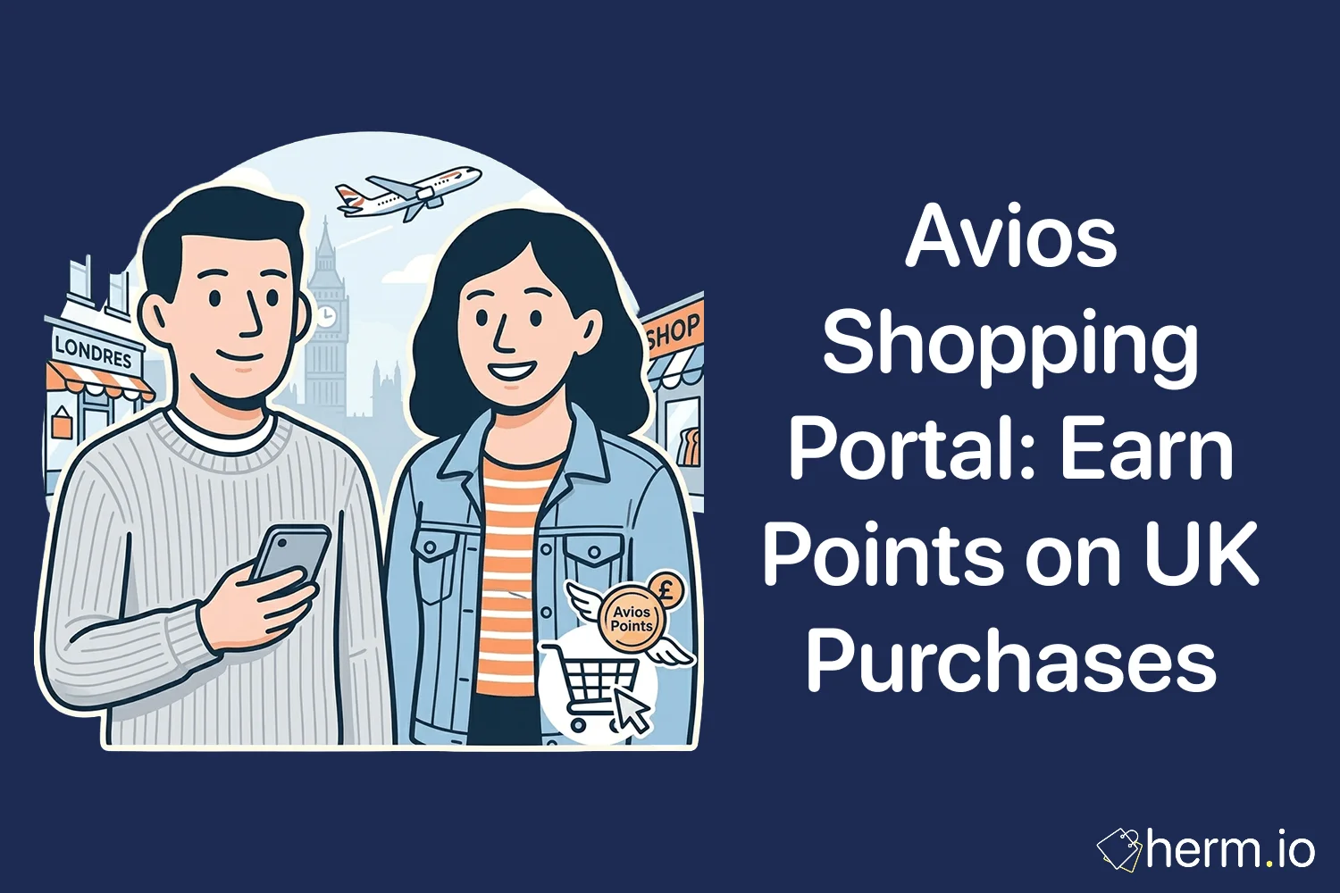 Laptop and phone showing an Avios shopping portal checkout flow, with UK retailer bags and loyalty points icons in the background.