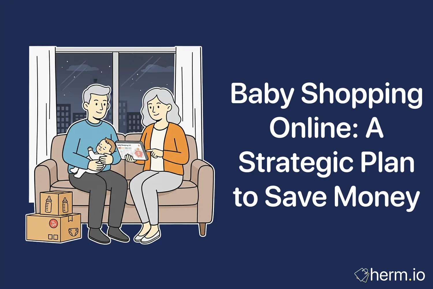 Parents planning baby shopping online while holding a newborn, with a baby essentials checklist and delivery boxes.