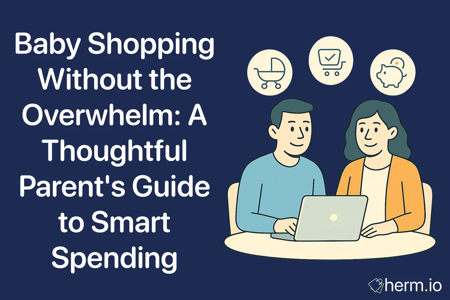Illustration of thoughtful parents shopping online for baby products with icons of stroller, cart, and piggy bank, focusing on smart baby shopping tips.