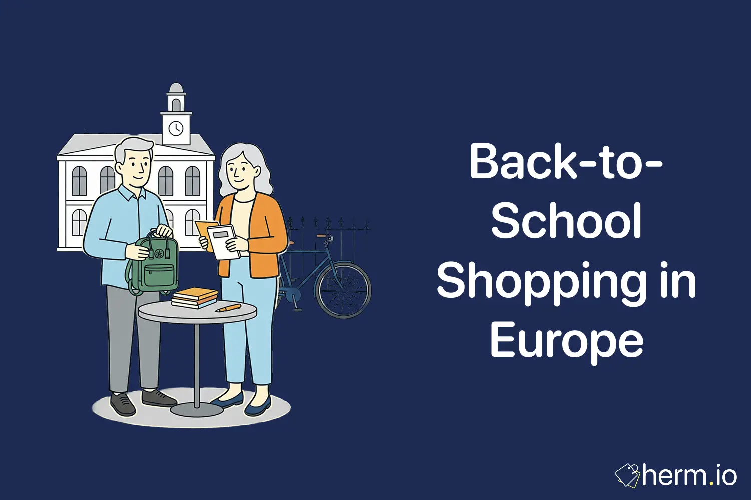 Back-to-school shopping in Europe illustration with a backpack, school supplies on a table, and a school building in the background.