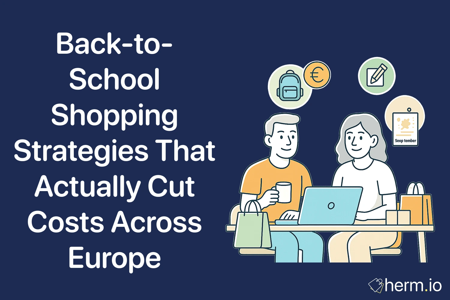 Parents shopping online with laptop for back-to-school supplies, with icons of backpack, pencil, and euro symbol for saving on school costs in Europe.