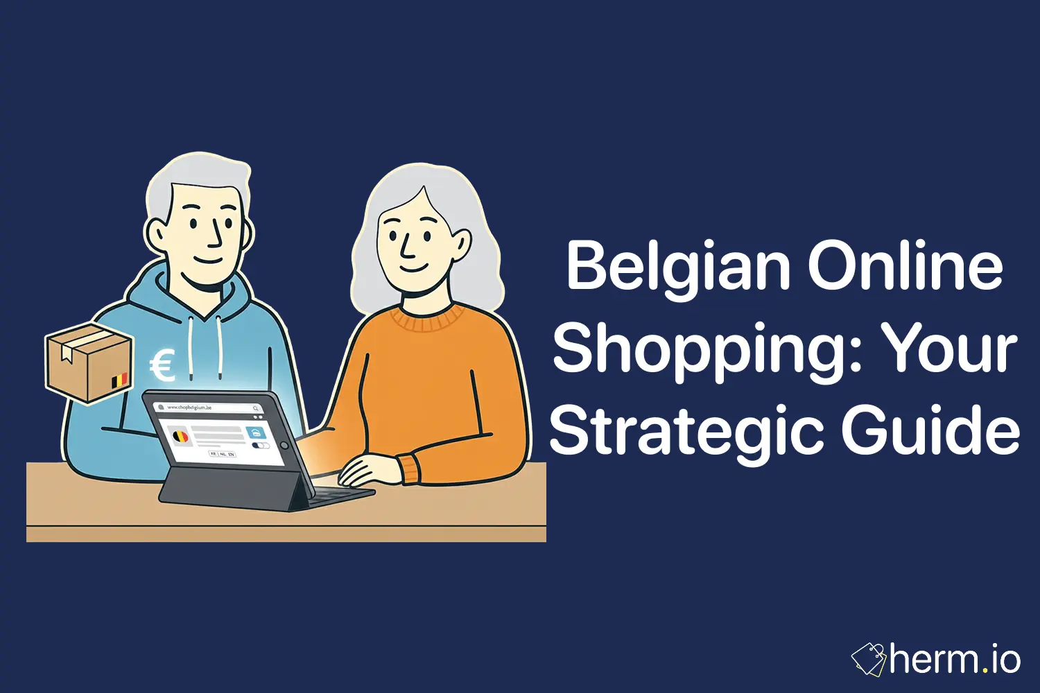 Flat illustration of two shoppers comparing Belgian online shopping sites and delivery options on a laptop.