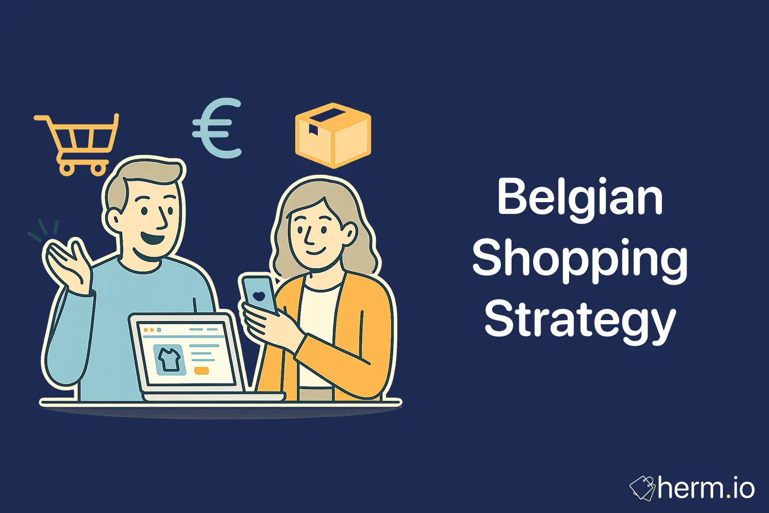 Illustration of two people shopping online with laptop and phone, surrounded by euro and delivery icons. Belgian online shopping strategy guide for saving money.