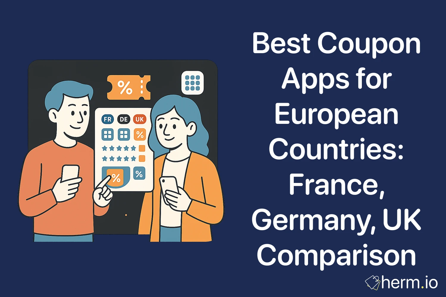 Two shoppers compare coupon apps for France, Germany, and UK with ratings and percent icons—guide to the best European coupon apps.