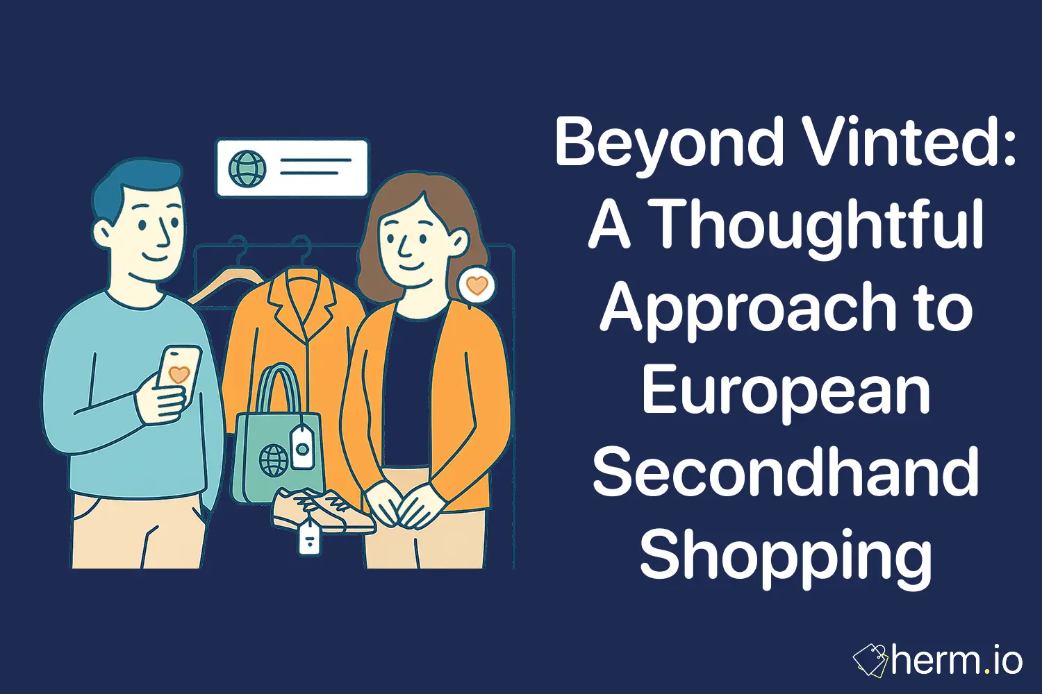 Minimalist artwork of two shoppers browsing secondhand clothes and accessories, representing sustainable European secondhand shopping beyond Vinted.