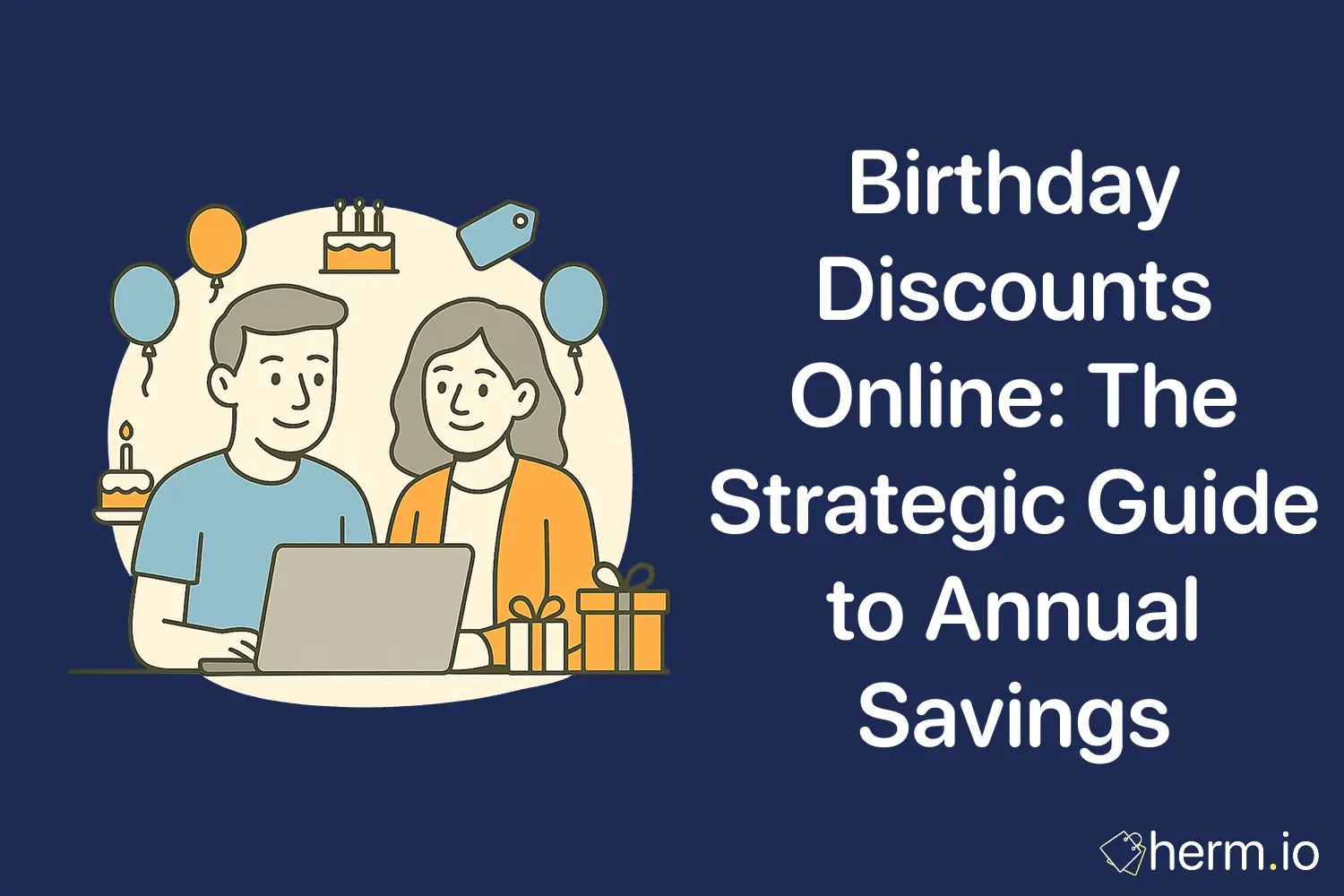 Illustration of a couple shopping online for birthday discounts with cakes, balloons, and gift boxes, promoting annual savings tips.