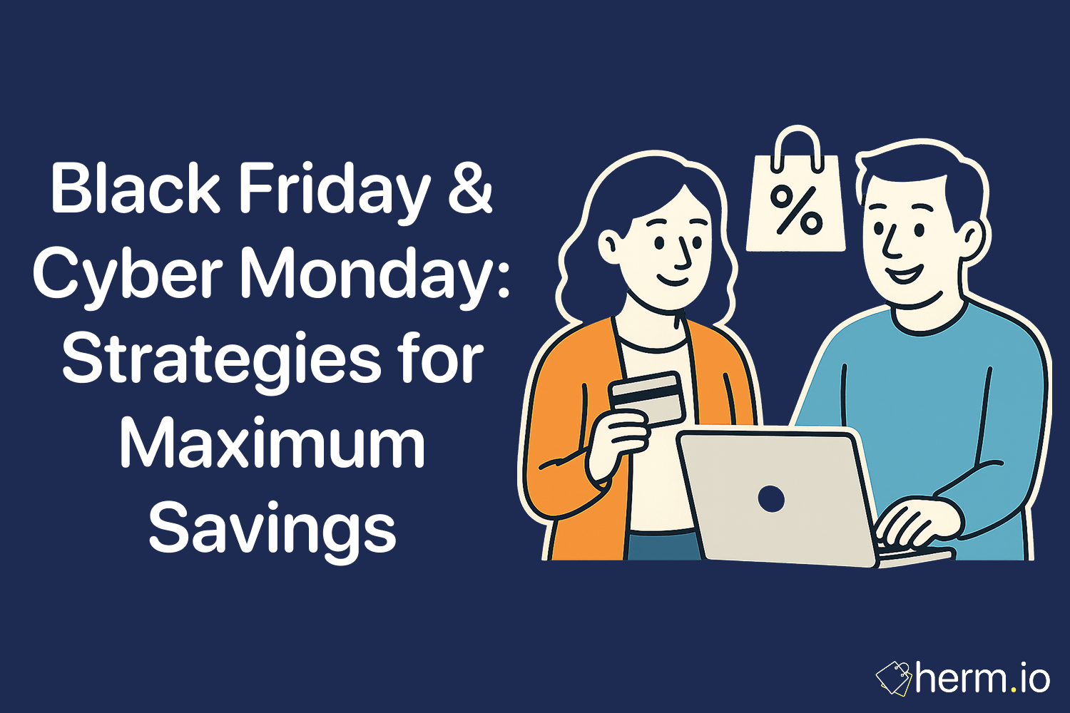 Illustration of a man and woman shopping online on a laptop, with a floating shopping bag icon bearing a percentage sign overhead, symbolizing strategies to maximize savings on Black Friday and Cyber Monday.
