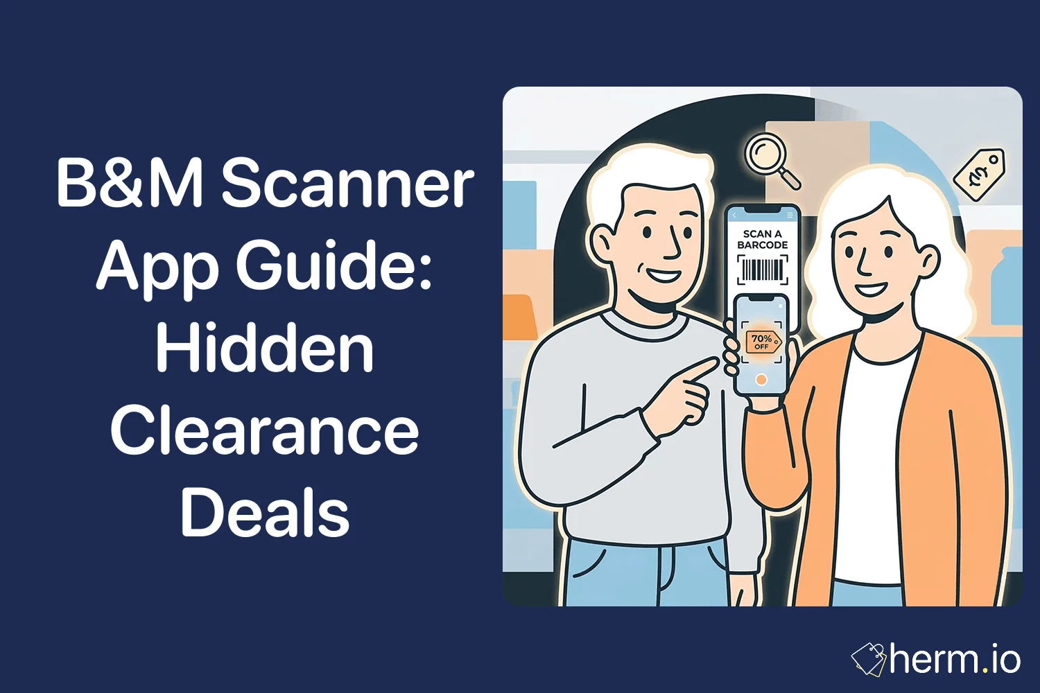Shopper using the B&M scanner app on a phone to check barcode prices in store and look for hidden clearance deals on shelves.