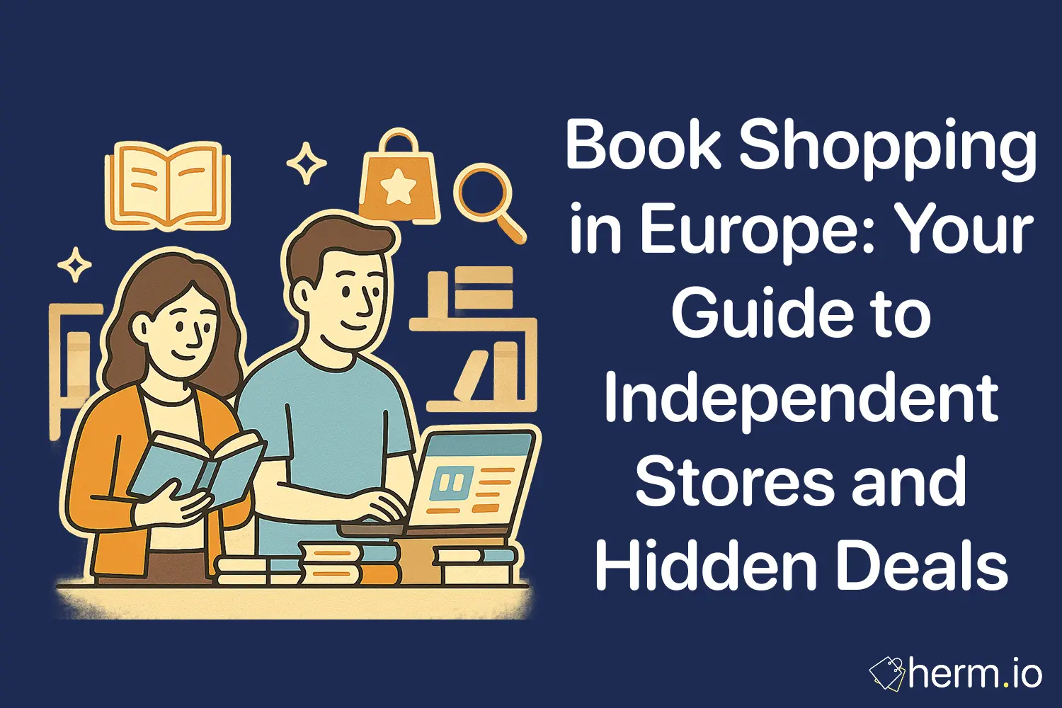 Cartoon of a couple browsing books and using a laptop with icons of books and shopping bags, symbolizing independent book shopping in Europe and hidden deals beyond Amazon.