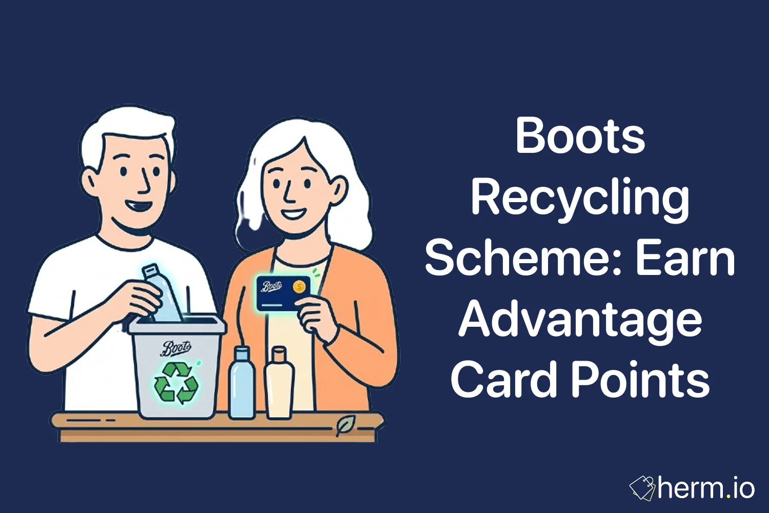 Reusable shopping bag with empty beauty products, blister packs, and a phone showing the Recycle at Boots app beside a Boots Advantage Card.