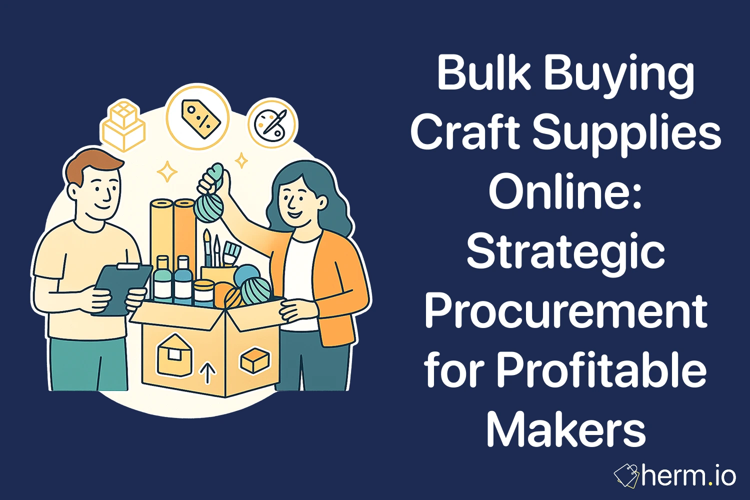 Man and woman unpacking bulk craft supplies like yarn and paint, with icons of discounts and design tools showing profitable online procurement.
