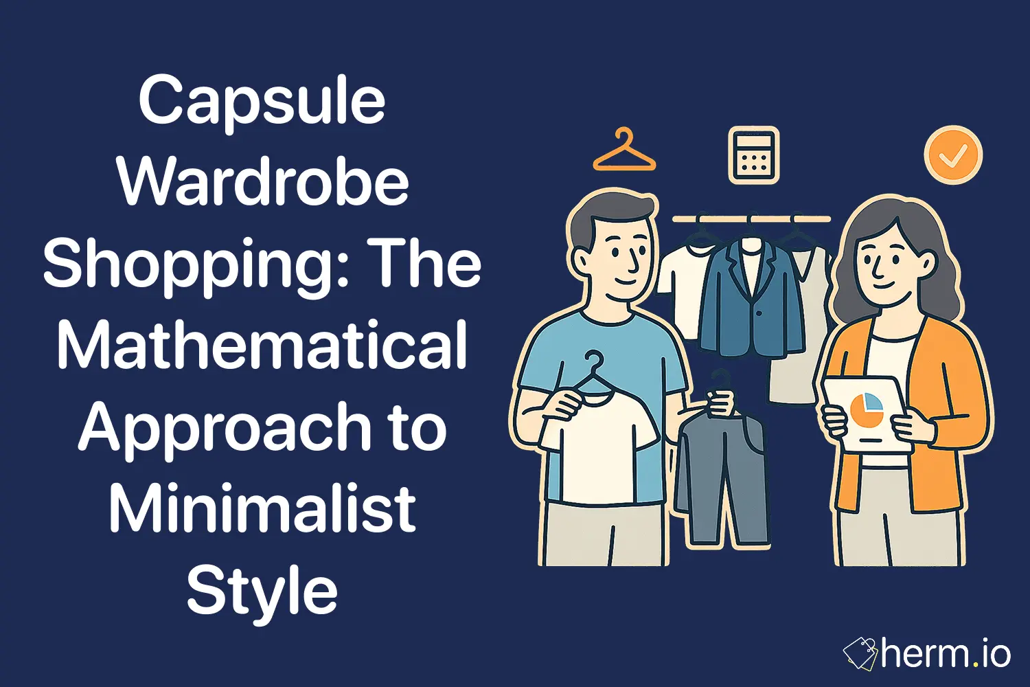 Illustration of man and woman organizing a capsule wardrobe with clothes and charts, representing minimalist fashion shopping strategies.