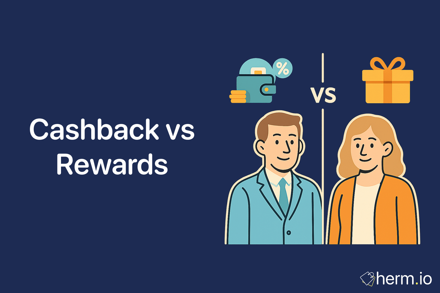 Illustration of a man and woman comparing cashback wallet icon vs gift box representing rewards programs.