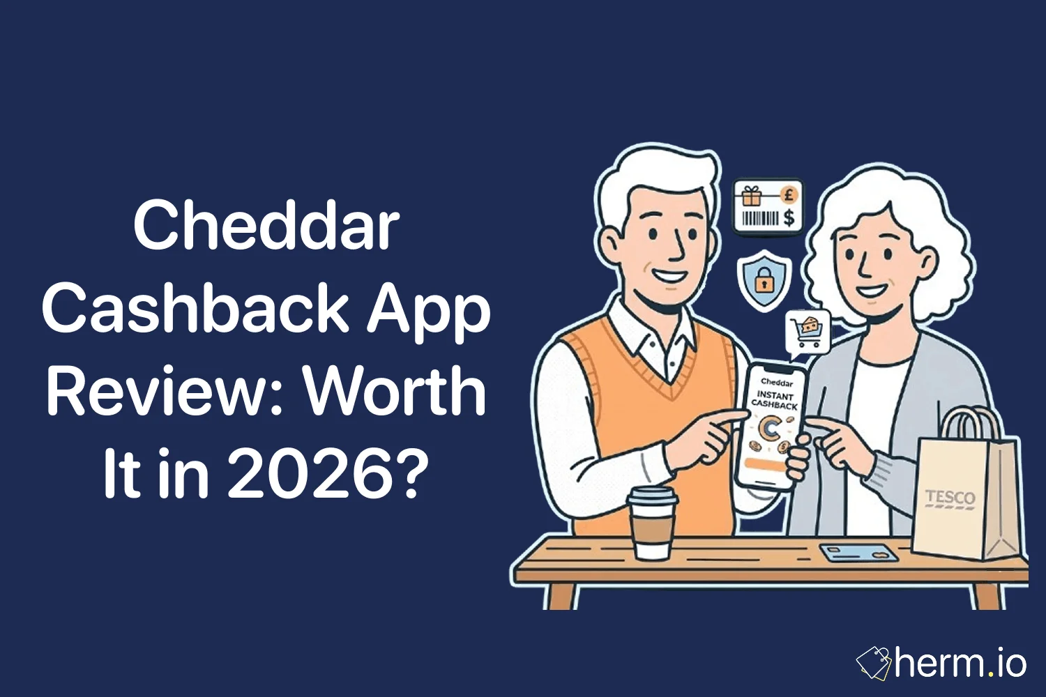 Smartphone showing a cashback gift card screen beside supermarket and online shopping receipts, illustrating how UK shoppers assess Cheddar.