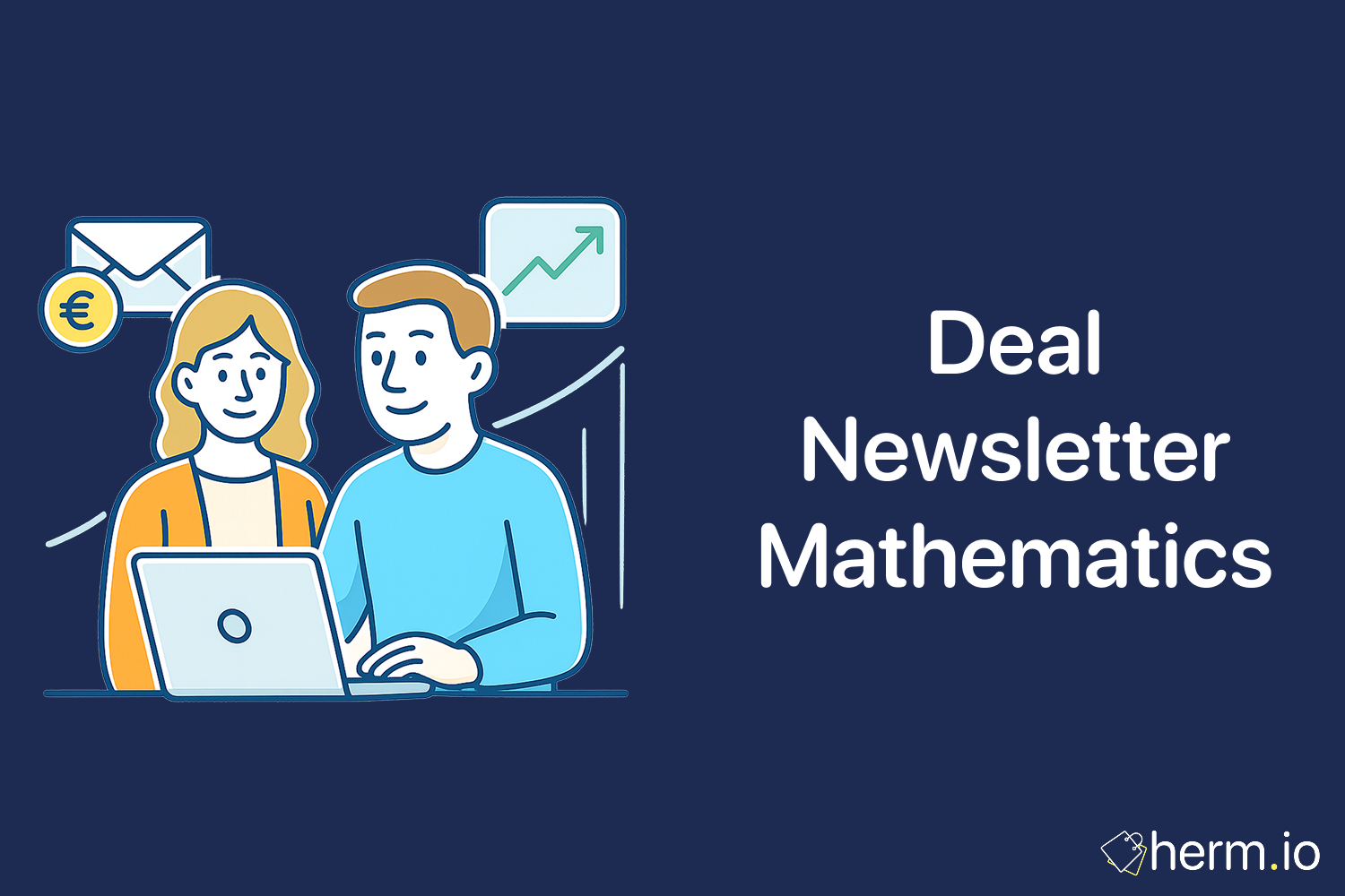 Illustration titled ‘Deal Newsletter Mathematics,’ featuring a man and woman looking at a laptop, with an envelope and euro-coin icon floating above the woman and a rising line chart icon behind the man.