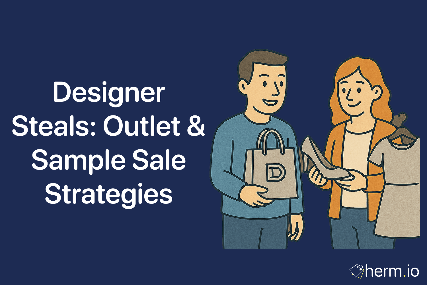 Illustration of a man holding a designer shopping bag and a woman examining a high-heel shoe next to a dress on a hanger, highlighting outlet shopping and sample sale strategies for designer steals.