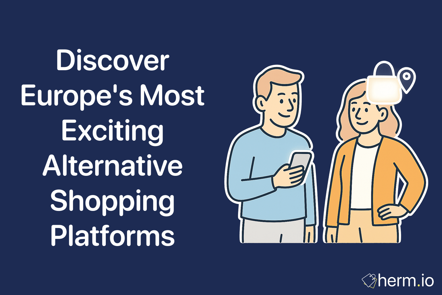 Couple browsing on a smartphone with map pin and handbag icons, highlighting alternative European shopping platforms.
