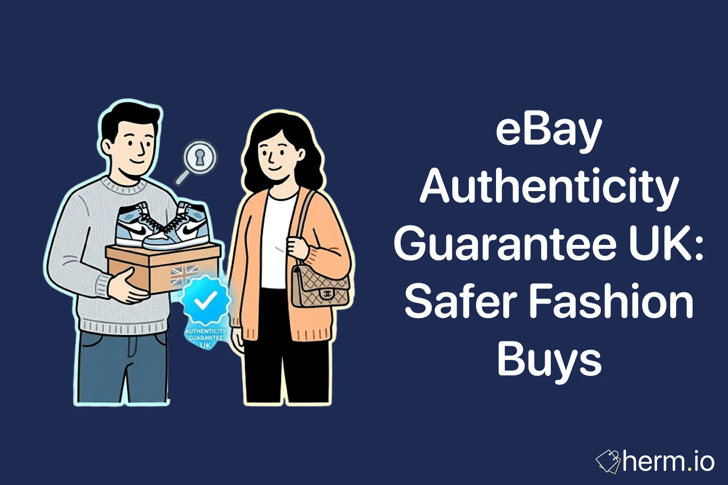Buyer checking an eBay Authenticity Guarantee badge on a phone beside trainers and designer fashion, showing safer UK resale shopping.