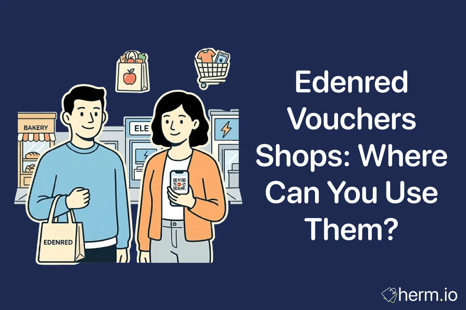 UK shopper checking an Edenred voucher on a phone beside supermarket bags, showing how to choose accepted shops before paying.