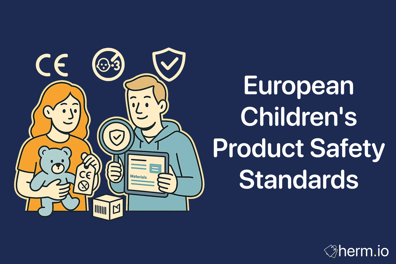 Parents checking CE mark and age warning on a toy: European children’s product safety standards and materials checklist.
