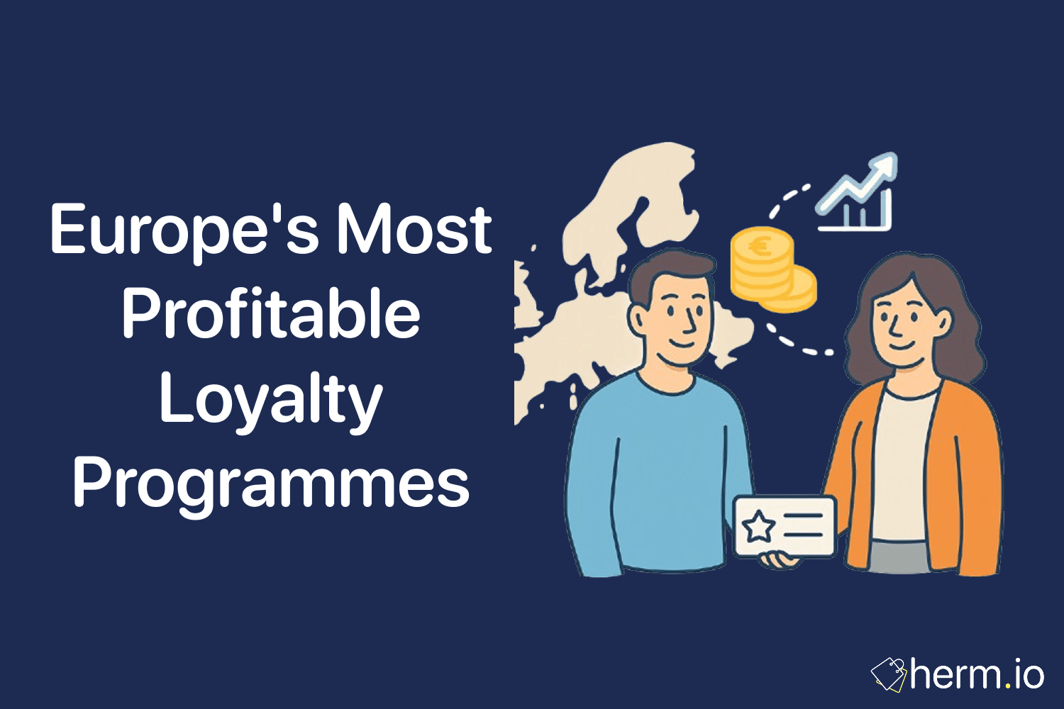 Couple with Europe map backdrop exchanging loyalty card for euro coins, illustrating top European loyalty programs.