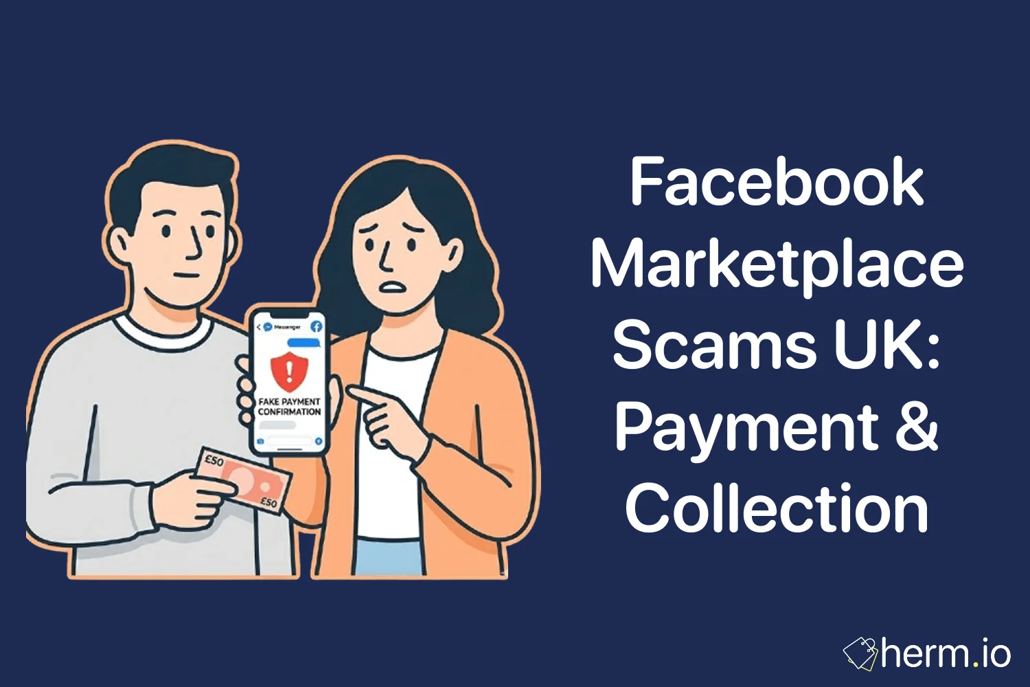 Person checking a Facebook Marketplace listing on a phone beside cash and a bank card, showing safe payment and collection checks for UK buyers.