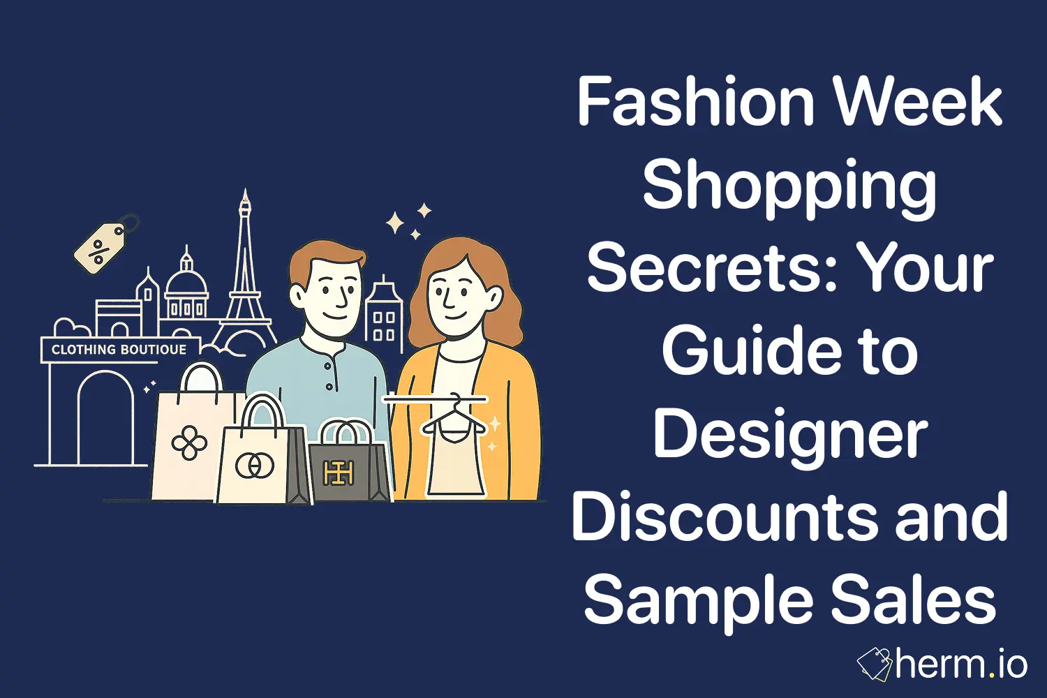 Couple shopping in Paris with designer bags, boutique stores, and Eiffel Tower in background. Fashion Week shopping guide to discounts and sample sales.