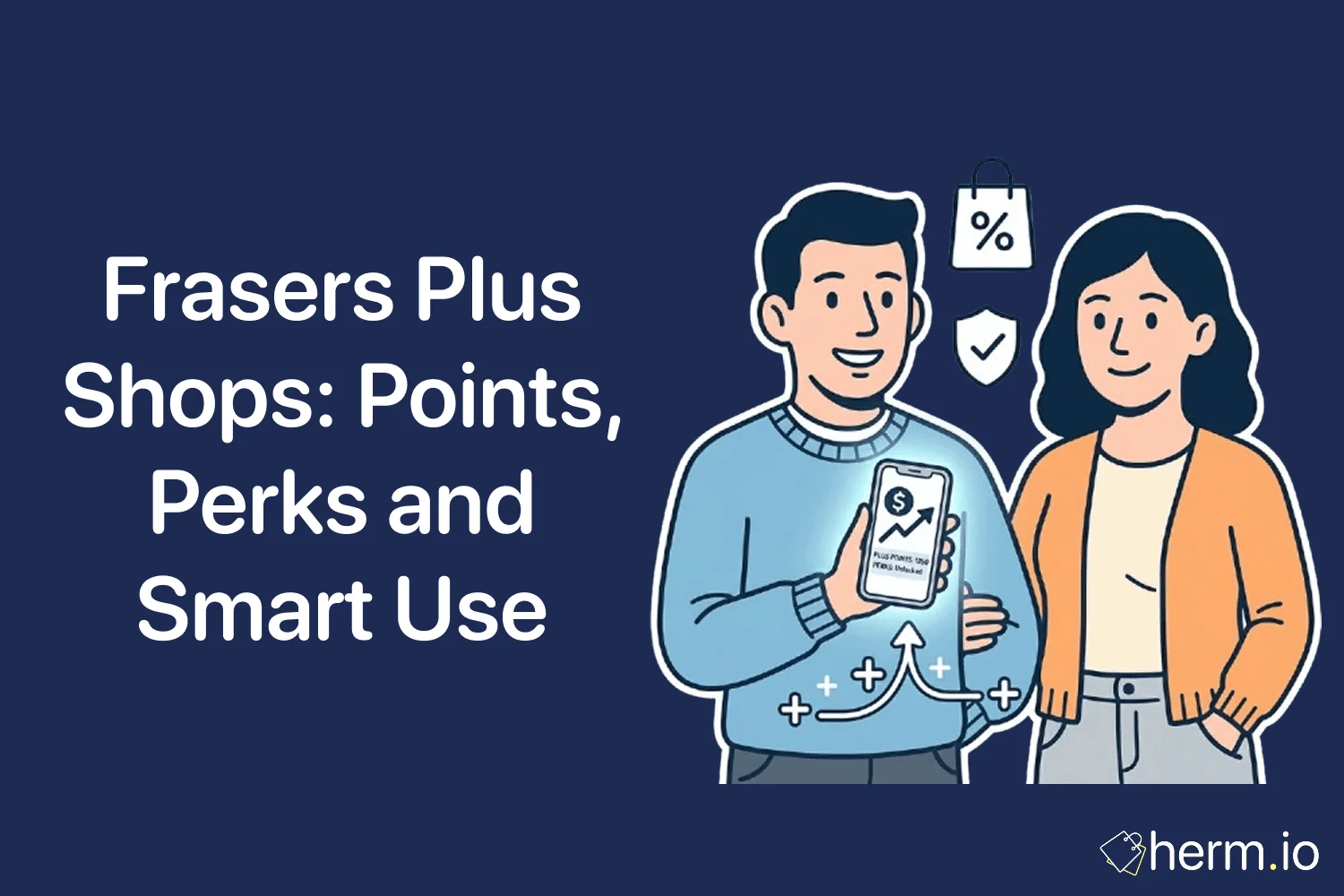 Phone showing a Frasers Plus account beside shopping bags from UK fashion, sports, beauty and gaming retailers.
