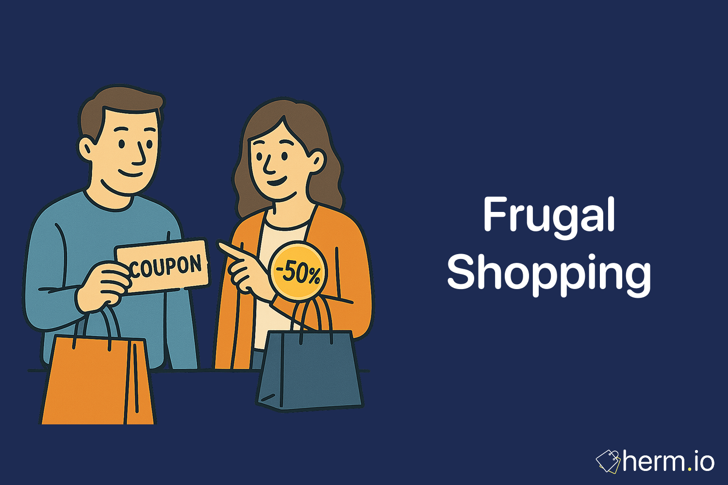 Illustration of a man holding a coupon and shopping bags while a woman points to a 50% off tag, illustrating frugal shopping tips to stretch your budget further.