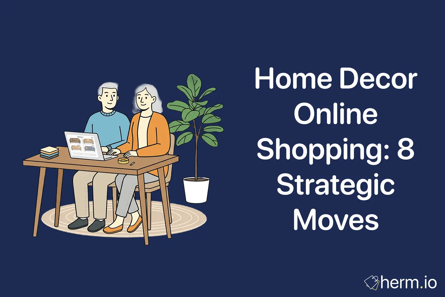 Couple planning home decor online on a laptop, with a measuring tape and plant to suggest smart furniture sizing.