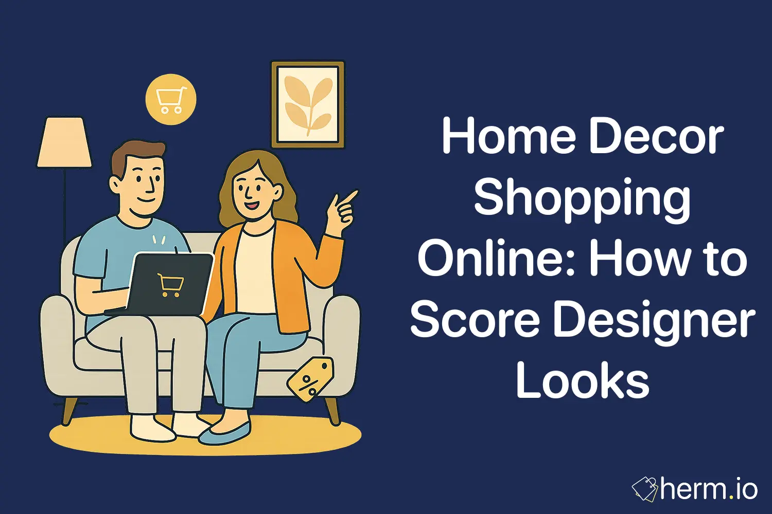Flat illustration of two people sitting on a sofa shopping online for home decor with icons of shopping carts and stylish decor, highlighting how to score designer looks for less online.