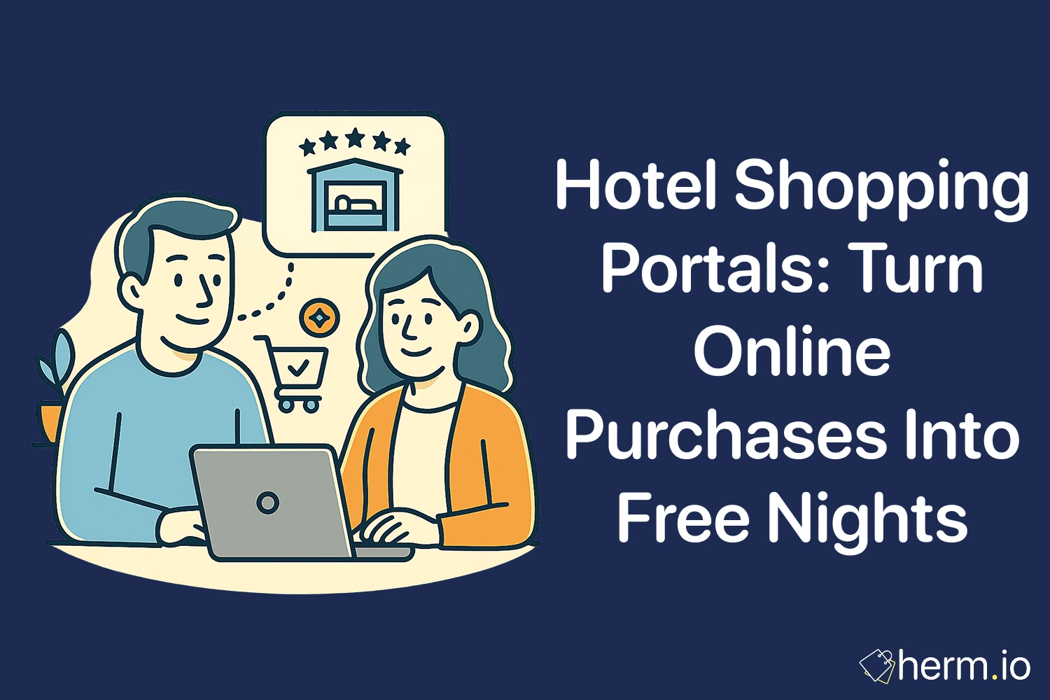 Couple shopping online for hotel stays with laptop, icons of shopping cart and star ratings showing rewards for free hotel nights.
