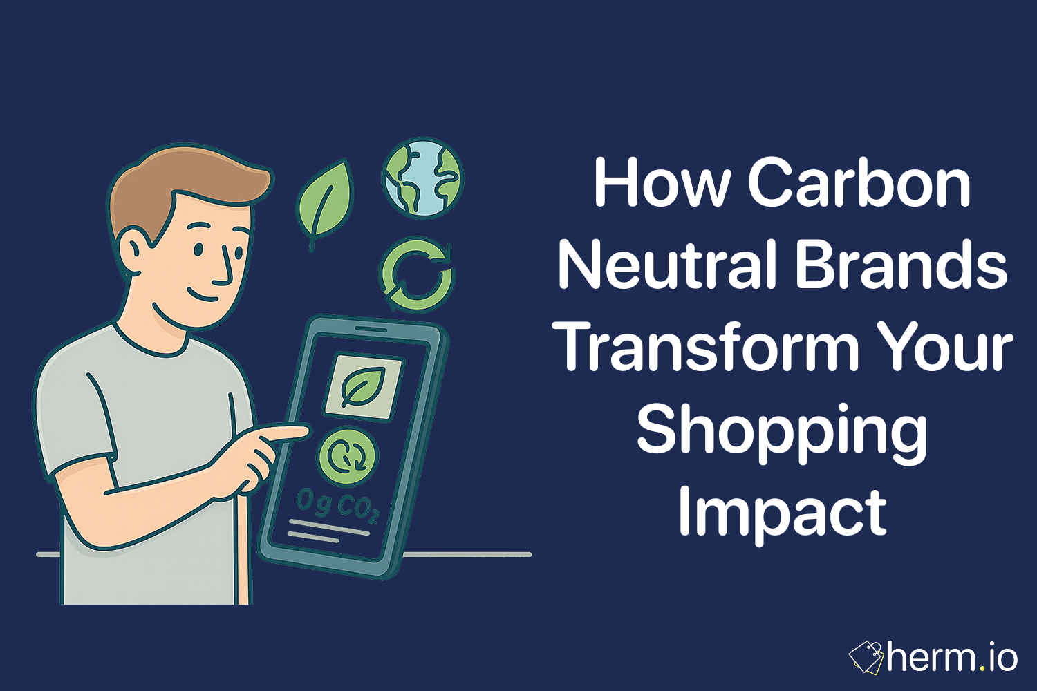 Graphic titled ‘How Carbon Neutral Brands Transform Your Shopping Impact,’ depicting a man tapping a smartphone screen displaying leaf and recycle icons alongside a ‘0 g CO₂’ label, with floating earth, leaf, and recycle symbols overhead.