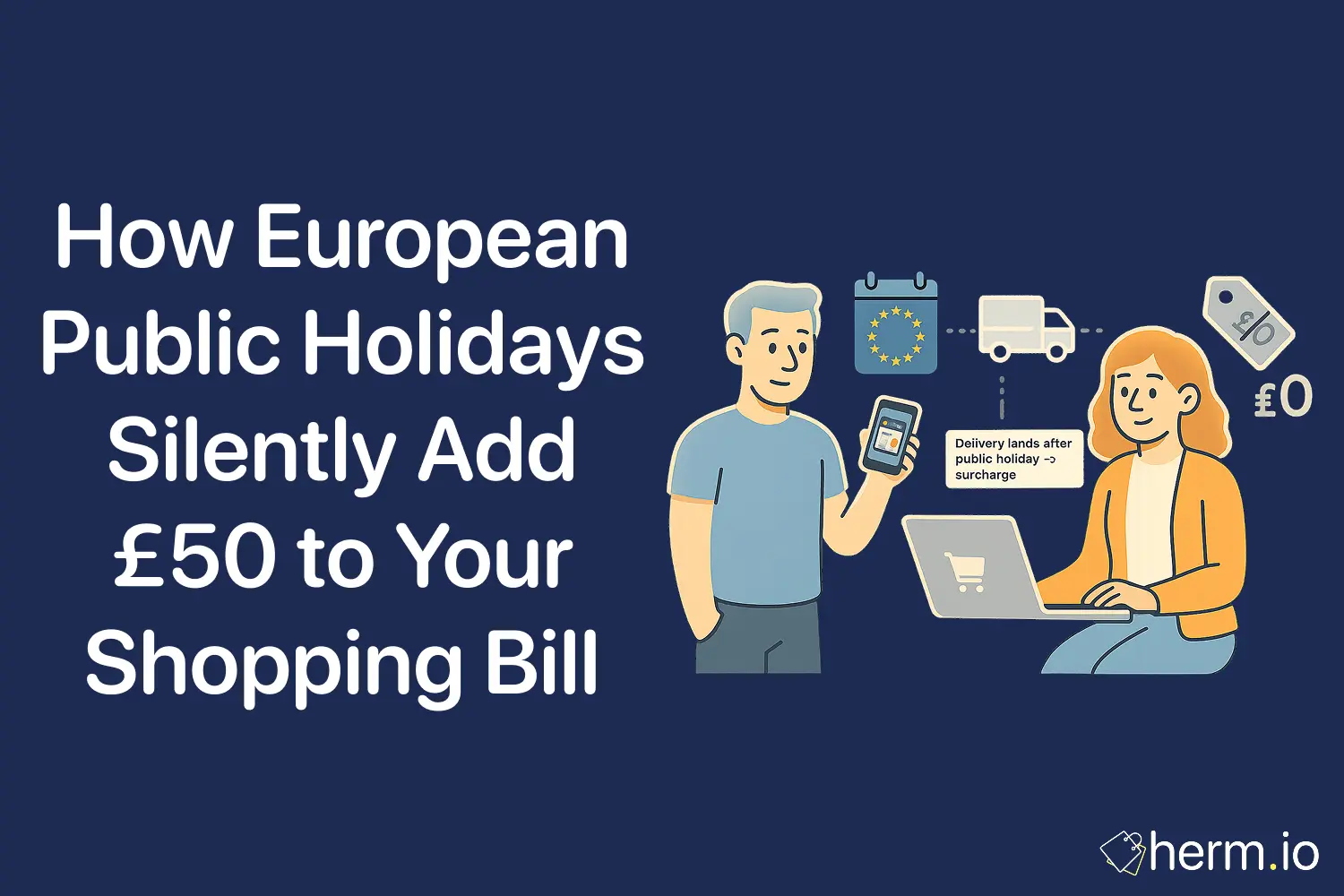 Man and woman checking delivery dates with EU holiday calendar and courier icons, explaining how public holiday timing adds about £50 in extra online shopping costs.