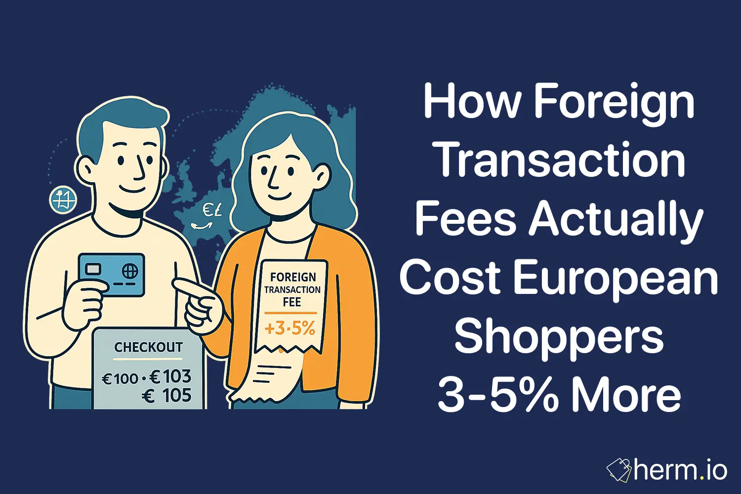 European shoppers at checkout highlighting foreign transaction fee of +3–5%, credit card in hand, euro map background and price difference shown on the payment screen.