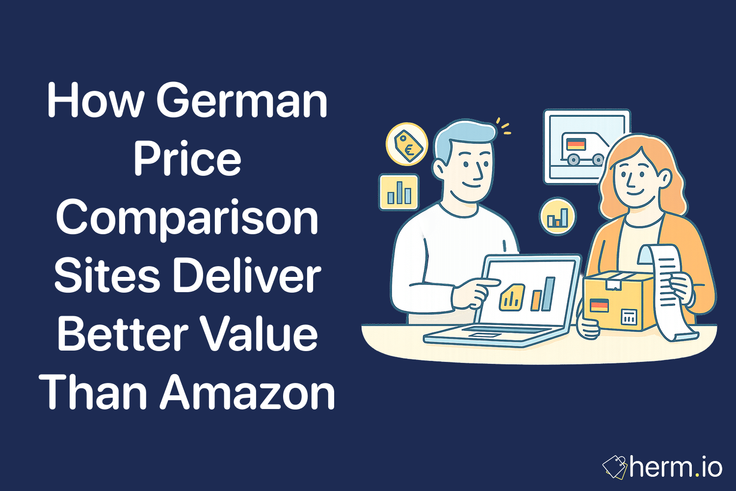 Illustration of shoppers comparing prices on laptops with graphs and delivery icons, showing benefits of German price comparison websites.