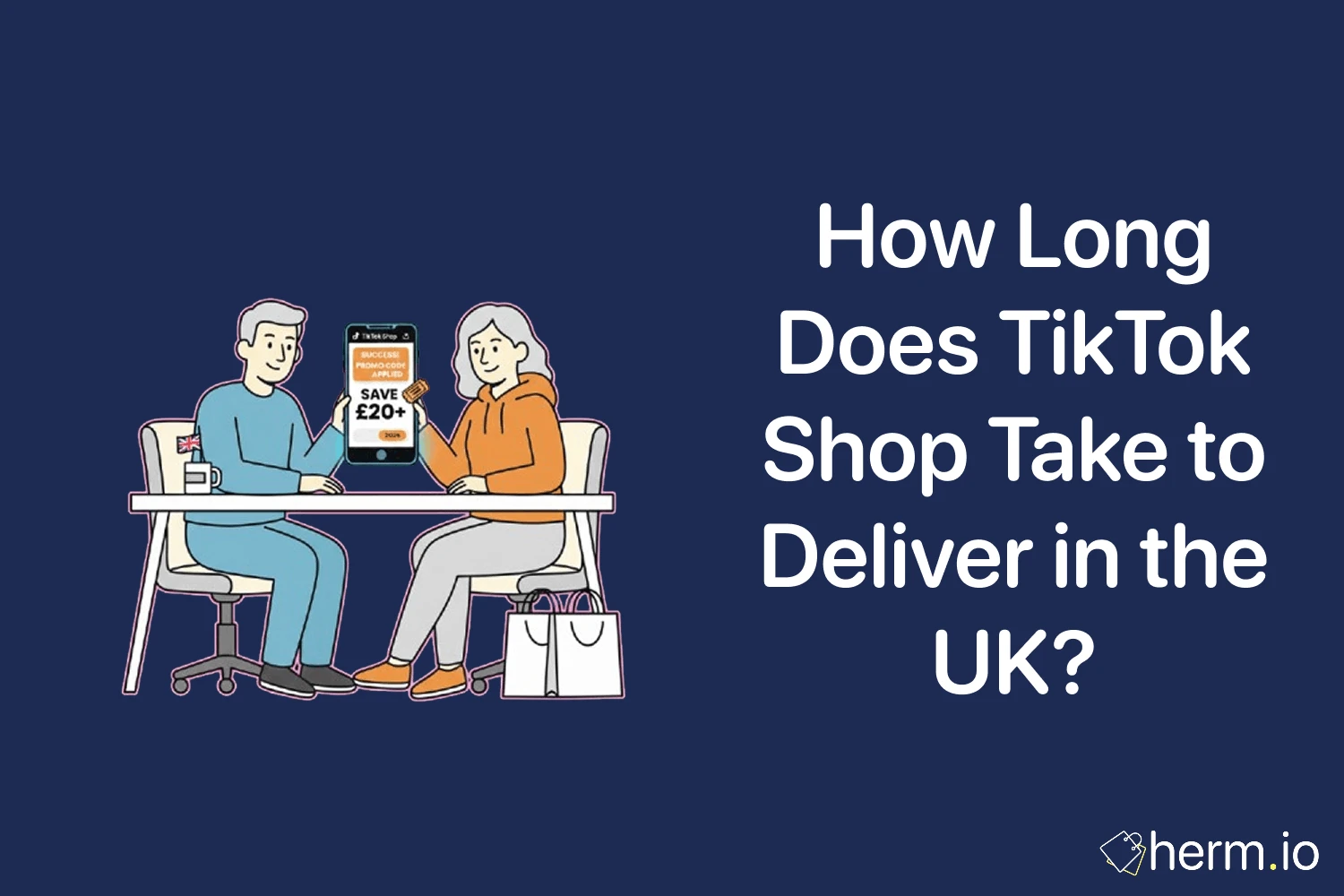 How long TikTok Shop delivery takes in the UK cover image, with shoppers and a phone showing savings and delivery timing.
