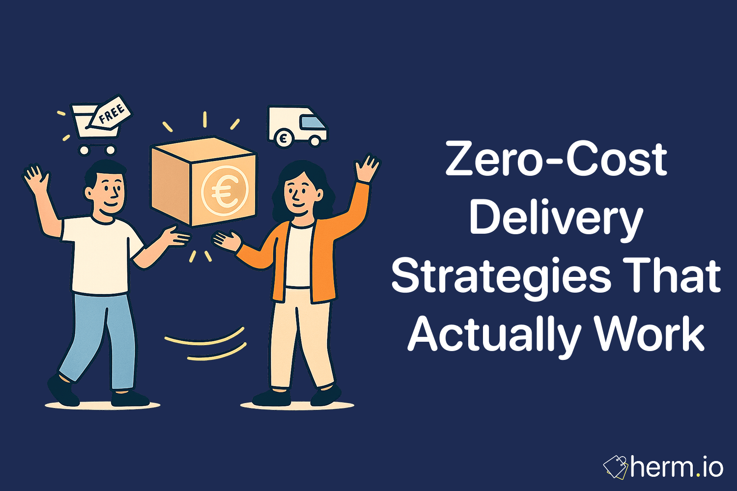 Illustration of two happy shoppers with a free delivery package, showing zero-cost delivery strategies that save money.